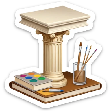 An icon featuring a paint palette, a sculpture, and a book, symbolizing the study of culture and art. The design includes a classical column and a canvas, representing art history and cultural exploration. Transparent background highlights the connection between creativity and history. sticker