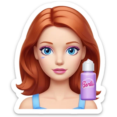 Barbie girl Chestnut-red Shoulder-length hair and blue eyes is In pale purple smears by hand cosmetic cream on her face sticker