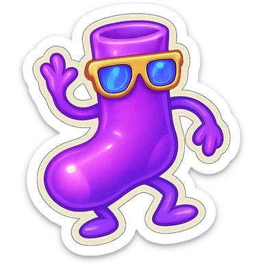A neon-purple sock with a dancing pose, wearing disco glasses, representing dancing or celebration. sticker
