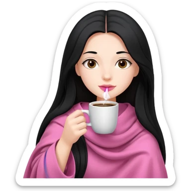 pretty girl with very long black hair, holding a pink blanket, sipping coffee sticker