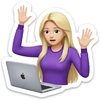 lady with long blonde hair, purple top throwing her with a laptop hands in the air saying why sticker