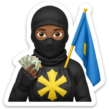 создай украинца в черное одежде и черной балаклаве с большим мешком денег на котором есть флаг страны в руках sticker