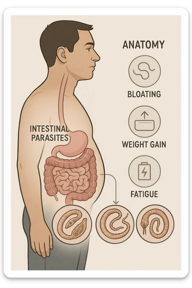 a man stands in profile, with a transparent overlay revealing his digestive tract. Inside his intestines, several enlarged, detailed representations of intestinal parasites are visible. Around the man, subtle arrows or icons indicate symptoms such as bloating, weight gain, and fatigue. The background is clinical and educational, with clear labels for anatomy and parasites. sticker