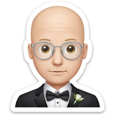 bald male groom with small rectangle silver metal wire frames sticker