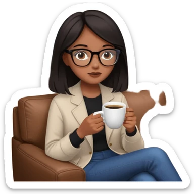 Chica de pelo negro ojos negros y piel morena con lentes oversize square GAFAS DE LEER BIEN GRANDES  , sentada en una sala de casa , en la mano derecha una taza de cafe con una flor negra de diseno. Sentada mirando un drama koreano en la television.  sticker