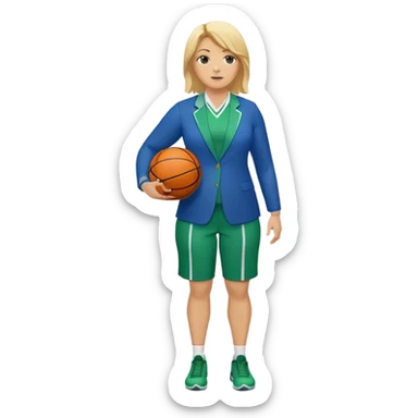 Full Body white plus size female basketball head coach with basket ball and clipboard  blonde hair medium length in a blue and green suit sticker