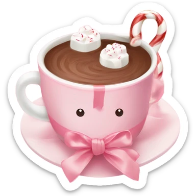 hot chocolate with marshmallows and little peppermint on the side with a light pink ribbon tied around hot chocolate cup sticker