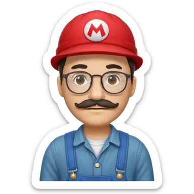 person with glasses, short dark hair, mustache and beard, in red hat and overalls like Mario sticker