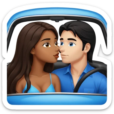 Brown sexy girl with brown eyes long brown hair and sexy white man with black hair blue eyes kissing in car sticker