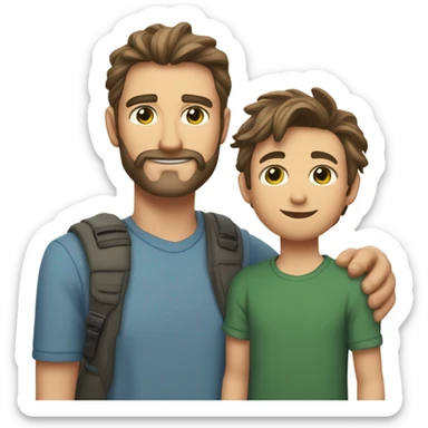 Handsome Father 40s green eyes with short full beard with Son 13s light brown eyes tousled bedhead look both has brunette hair light skin arms on shoulder portrait sticker