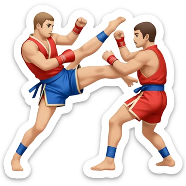 An icon symbolizing Sambo, featuring two fighters in blue and red kimonos with shorts and wrestling shoes. One executes a powerful throw, while the other attempts a defensive grab. The fighters are engaged in a grapple, using joint locks and sweeps.  sticker
