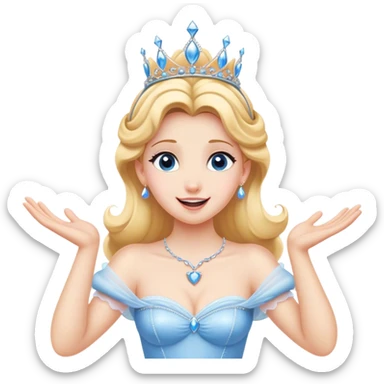 Cinematic Playful Cinderella Portrait Emoji, Blushing with excitement, hands clasped near her heart, eyes wide with anticipation, her tiara slightly askew from an unexpected twirl, a radiant princess caught in a moment of joy, utterly captivating! sticker