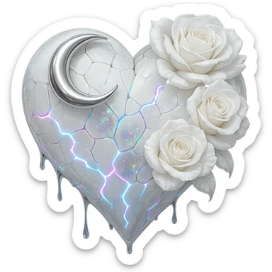 Edit the gothic heart to use fractured deep white glass, silver crescent moon, white roses, iridescent holographic stardust, neon lightning bolts, and a wet, shiny finish. Keep the background transparent. Maintain the gothic heart style and transparent background. sticker