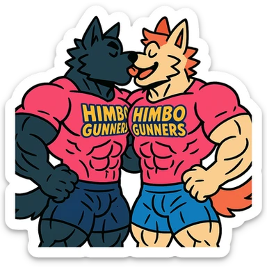 pair of ultra-muscular wolf furries wearing 'Himbo gunners' t-shirts, deep kiss, cheerful and energetic, very large, defined, and detailed muscles, ultra high quality sticker