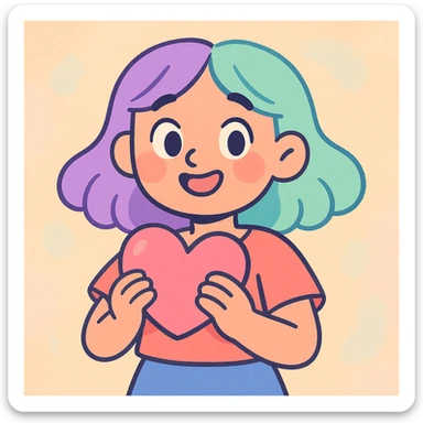 girl with half purple half green hair holding a heart, soft pastel illustration sticker