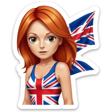 Geri Halliwell with red hair and blonde highlights wearing a short bodycon uk flag dress sticker