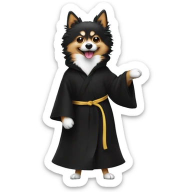 Spitz stands on its hind legs in heels and in a black robe  sticker