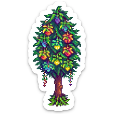 Terraria tree with rainbow fruit hanging from the branches, pixel art, fun and colorful, no text sticker