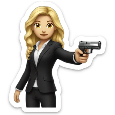 Girl in black suit with gun sticker