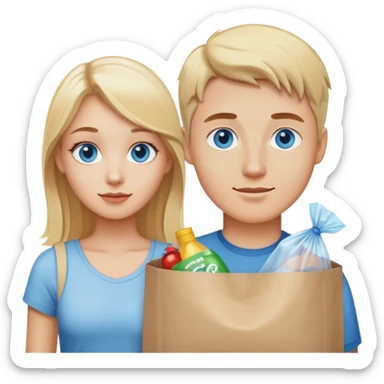 Blonde guy with blue eyes and blonde girl with brown eyes holding a plastic bag sticker