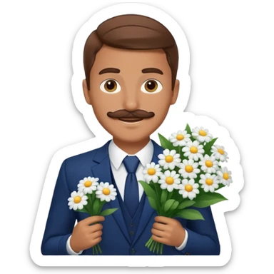homme âgé 23 ans brun bronzé en costume bleu foncé souriant avec moustache portant un bouquet fleurs blanche  sticker