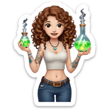 full body view of a woman with long curly brown hair, brown eyes, white skin, tattoos, holding a glowing potion flask at hip level, playful dangerous smile sticker