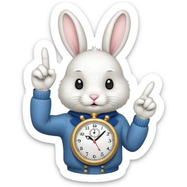 white bunny with a clock on his hand signaling the clock with his finger sticker