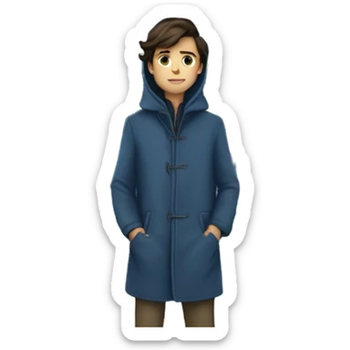 a full body brunette boy with his hands in the pockets of a long blue coat and a house behind him far away sticker