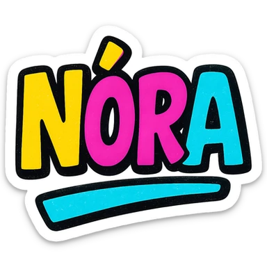Nóra name in modern colorful gradient font with dark outline, dynamic slanted or partial underline, transparent background, in the style of reference patterns sticker