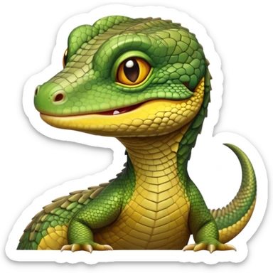 cinematic-realistic-cute-monitor-lizard-portrait-emoji,-head-tilted-playfully-and-inquisitively,-featuring-a-compact,-agile-body-with-finely-detailed,-glossy-scales-in-earthy-olive-hues-and-a-distinct,-alert-face-with-bright,-curious-eyes, yellow and green multi coloured  scales sticker