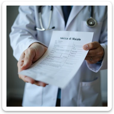hyperrealistic 4K close-up of a doctor handing a prescription to a patient, hands in focus, with the text 'Tiroide secca di maiale' visible on the paper, clinical office environment sticker
