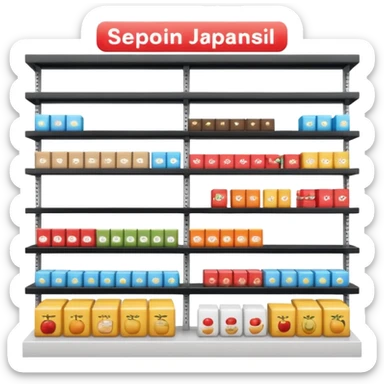 "Minimalist Japanese retail shelf display, products aligned identically in horizontal rows, each item repeated directly behind the other (multiple units in depth), vertically varied by type, clean spacing, precise symmetry, soft neutral lighting, front-facing packages, ultra-detailed." sticker