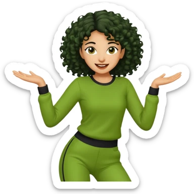 a woman with olive skin tone and curly black hair wearing green and dancing sticker