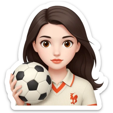 pale girl with soft and long dark brown hair and dark brown eyes, coral-colored lip, Holding a soccer ball, Wearing ivory polo ralph lauren knitwear sticker