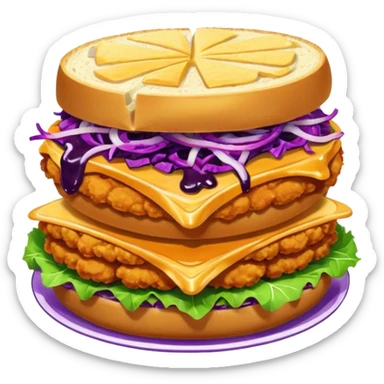 Burning hot, spicy,  stacked chicken sandwich — two thick golden toast slices, a crispy breaded chicken fillet, green lettuce, and purple cabbage slaw, with glossy dark sauce dripping down the sides. sticker