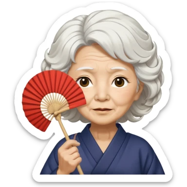 japanese culture old woman with white wavy hair and wrinkles holds a fan to cover her face sticker