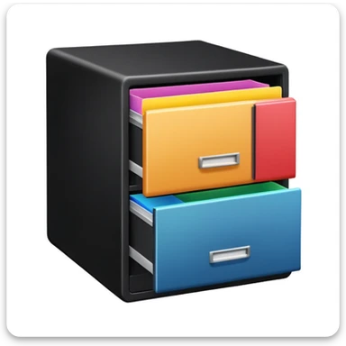 black filing cabinet with open bottom drawer with colorful folders sticker