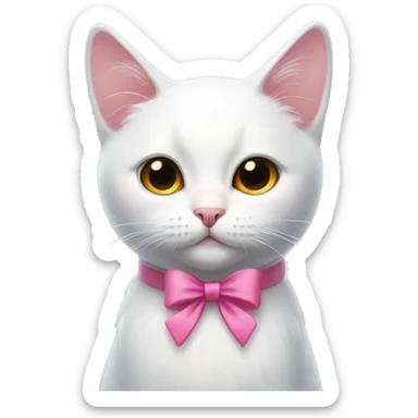 White cat with pink eyes with a bow on right side of head sticker