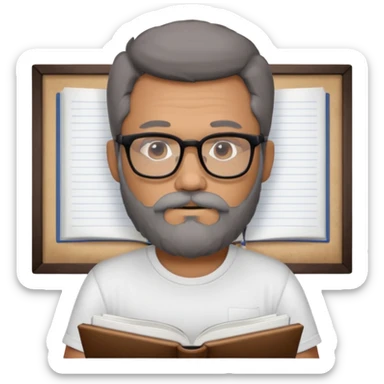 A man with a large gray beard, dark hair, wearing a t-shirt and glasses, studying. sticker