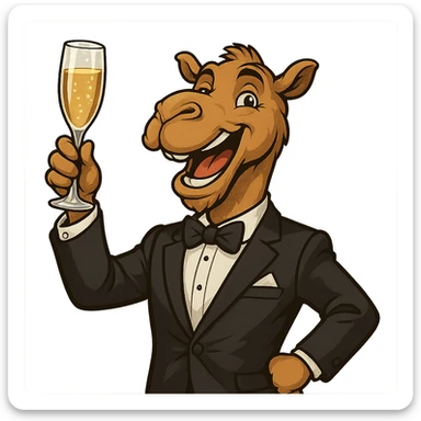 a camel in formal attire, toasting with champagne, cheerful expression, celebratory mood sticker