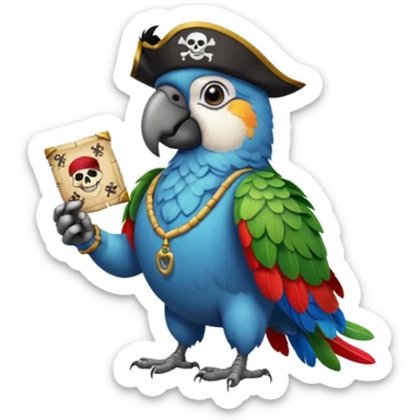 parrot with a pirate patch holding a treasure map with a QR code sticker