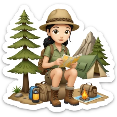 A braid black hair backpacking woman checking her map with curious eyes while walking wear camping hat and dirt covered boots full body sticker