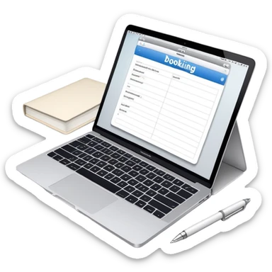 online booking system on MacBook screen next to an old-style paper notebook with a pen sticker