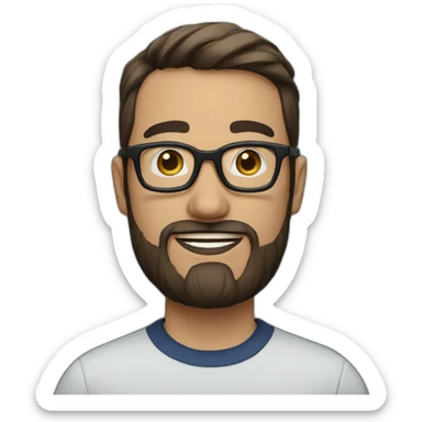 A man with short brown hair and Beard and black round glasses, wearing a dark blue shirt sticker