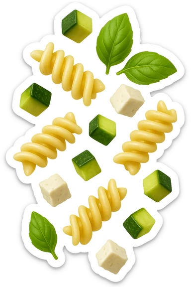 EMOJI STILE IPHONE DI Pasta di riso con zucchine, basilico e feta cade verticalmente, iperrealistica 4k sticker