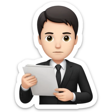 A white man in a black suit stands with a serious face and points at his hand holding papers. sticker