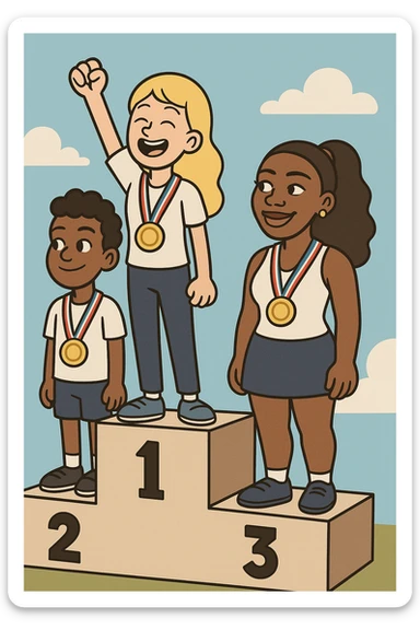 winners podium girl yellow hair Olympic Gold Medal a boy brown skin black Classic Curl hair Olympic Gold Medal Serena Williams Olympic Gold Medal  sticker