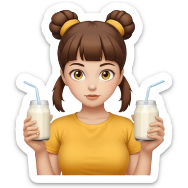 beautiful girl with brown hair with twin buns style, straight bangs, yellow eyes, milk brown tshirt, white skin, her body is a little fat  sticker