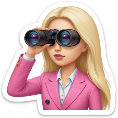 futuristic-looking woman with long hair in an intensive color pink suit looking through two-eyed binocular, viewed from an angled perspective sticker