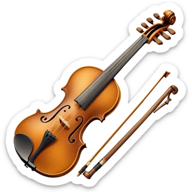 Create an elegant and detailed emoji representing a Stradivari violin. The design should showcase the finely crafted wooden body of the violin, with its smooth curves and rich, golden-brown wood finish. Highlight the intricate f-holes, fingerboard, and bridge. The bow should be placed next to the violin, with visible horsehair and a polished wooden stick. Use warm, deep wood tones for the body and subtle silver or gold accents for the fittings. Add a soft glow or light reflections to emphasize the exquisite craftsmanship and timeless beauty of the instrument. The background should be transparent. sticker